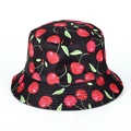 Close-up of a black bucket hat featuring a vibrant all-over red cherry and green leaf print - M (55-58cm) / 26# Cherry