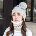 Winter knit hat and neck warmer set in beige with pompom and fleece lining - One Size / Hat and Scarf Set - Off White