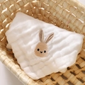 White 6-layer cotton gauze baby bib with brown rabbit embroidery in a basket - Small / Rabbit
