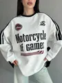 Felpa grigia oversize con colletto nero a contrasto e stampa grafica di motociclette - S / Grigio