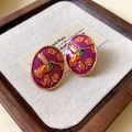 Macro shot of French retro purple hummingbird earrings with golden embossed details - 5# Silver Post Style - Oval (5#)