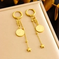 Golden coin and star drop earrings featuring Elizabeth II engraving on a beige display - Coin Star Tassel Long Earrings (E6183)