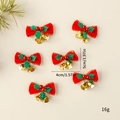 Red velvet Christmas bow ornaments with green sequins and gold bells, 6-pack set - Solid Red with Green Leaves