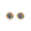 Floral cluster stud earrings with gold base and colorful zircon crystals on white backdrop - Blue