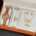 Detailed set of golden quartz watch and double heart jewelry inside a premium gift box - Red Rhinestone (151-5pcs Set)