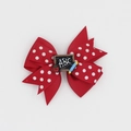 Detail of red polka dot ribbon hair bow with school-themed ABC board and apple accent - Red