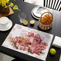 Pink Christmas placemat with gift box pattern on dark wood table setting - 30x45cm Waterproof Linen / CD57-4