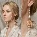 Pendientes de flores con borlas rosas, perlas y acabado dorado de diseño elegante - 2# Flor Dorada