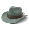 Detail of green straw cowboy hat with brown leather band and star-shaped metallic studs - M (56-58cm) / Water Lily Green