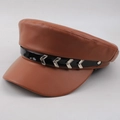 Detail view of brown leather baker boy hat with black patent band and silver accents - One Size 58cm / Coffee Rippled Style