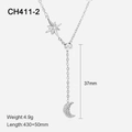 Collar lariat de estrella y luna plateado, 430+50mm largo, peso 4,9g, acero - Estrella Luna Lariat-Plata / 4,9g / 430+50mm