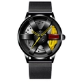 Men's car rim watch with black mesh strap and bright yellow brake caliper detail - Metal Mesh / Yellow