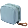 Portable light blue nylon lipstick storage bag with brown leather zipper pull handle - Blue