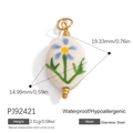 White oval ceramic flower pendant necklace with blue floral design and stainless steel hardware - Ceramic Style Blue Flower Charm (PJ92421)