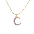 18K gold plated brass necklace with a C-shaped pendant set with purple zircon stones - Gold Color Purple Zircon Moon