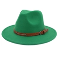 Close-up of green wool fedora hat featuring a brown leather belt with silver buckle and studs - Grass Green (2 Studs)