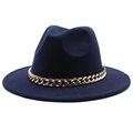 Detail of deep blue fedora hat featuring a bold gold metal chain link decoration - Navy Blue