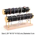 Double-layer gold metal jewelry stand with black leather rolls and solid wood base - Double Layer Gold Bangle Stand-Black Leather