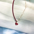 Elegant red heart pendant necklace with split velvet cord, gold chain and pearl accents - Red Heart Necklace