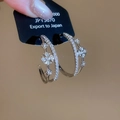 Detailed close-up of double-layered C-shaped earrings with zircons and flower accents - Double Layer Flower C-Shape Style (Gold Plating) / Silver