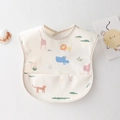 Waterproof baby bib in off-white with cute cartoon animal prints and a crumb catcher pocket - Pu No-wash Bib - White Animal / One Size