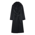 Elegant women's black long coat featuring a voluminous faux fur collar and waist belt tie - XS / Black