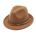 Caramel brown wool fedora hat with gold chain ribbon detail for women in retro jazz style - M (56-58cm) / Khaki