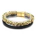 Zweilagiges Herrenarmband mit goldener Byzantiner-Kette und schwarzem Ledergeflecht - Mehrlagig Gold (KB153085-KFC)