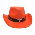 Ethnic style orange faux suede western cowboy hat with silver bull head ornament - Orange