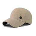 Detail of knit baseball cap with black metal M logo and contrast brim for autumn - Adjustable / Khaki