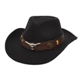 Western ethnic wool felt cowboy hat in black with metal bull head leather band - M (56-58cm) / Black