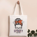 Detail of Spooky Mama print on beige canvas tote bag for Halloween theme - SPOOKY Mama Spiderweb Style