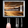Macro detail of 240pcs XXL long coffin soft gel nail tips in clear finish with matte base - Tapered Coffin (OM-13)