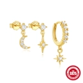 Set orecchini in argento S925 dorato con ciondoli luna, stella e zirconi brillanti - Set da 3 pezzi (Lobo Asimmetrici/Cerchio) / Oro #2 (Stella Luna Semplice)