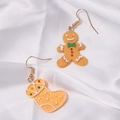 Christmas earrings featuring gingerbread man and red sock charms on white silk fabric - Asymmetric Resin Earrings