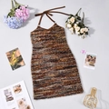 Detailed close-up of brown sequined halter neck knit dress with vibrant multi-color stripes - S / Brown