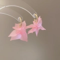 Detailed view of pink acrylic flower petals on golden C-shaped hoop earrings - 29# Silver/Steel Pin - Pink
