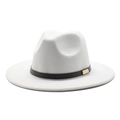 Classic white wool jazz fedora hat with black leather band and golden metal buckle accessory - M (56-58cm) / White