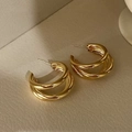 Chic triple-layer gold-plated C-shaped hoop earrings for women on cream leather - Style 106# S925 Silver Pin Gold Triple Layer C-Hoops