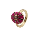 Detail showing pink enamel gold ring with colored zircons and square center stone - Adjustable Open / Light Red