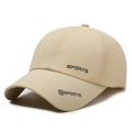 Beige quick-dry sports baseball cap with curved brim and black printed text - Adjustable / Khaki