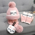 Pink winter knit set for kids featuring a cat motif hat, scarf and mittens with pom-poms - One Size (Recommended 2-8 Years / 48-53cm) / Pink-Cat Label (TB686428494195)