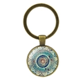Bronze Mandala Flower of Life key ring with blue bohemian glass cabochon pendant - Style 1 / Antique Bronze