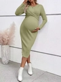 Detail of green long sleeve maternity dress showing twisted knot front and ribbed texture - Mustard Yellow