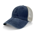 Navy washed denim and beige mesh trucker hat with vintage adjustable back strap - M(56-58cm) / Navy Blue
