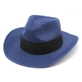 Close-up of deep blue woven straw fedora hat with a black decorative pleated band - M (56-58cm) / Navy Blue