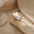 Baroque irregular pearl ring with sparkling rhinestones on a gold adjustable band - K-0617 (White Baroque Pearl)