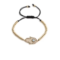 Geflochtenes Hamsa-Hand-Armband mit goldenen Perlen und funkelnden Zirkonia-Steinen - Hamsa Hand Böser Blick / Schwarzes Seil mit Kupferperlen