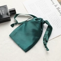 Elegant green faux silk drawstring storage pouch with smooth satin texture and ribbon closure - Dark Green
