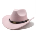 Detail of pink felt cowboy hat with brown leather band, gold studs and arrow embroidery - M (56-58cm) / Pink